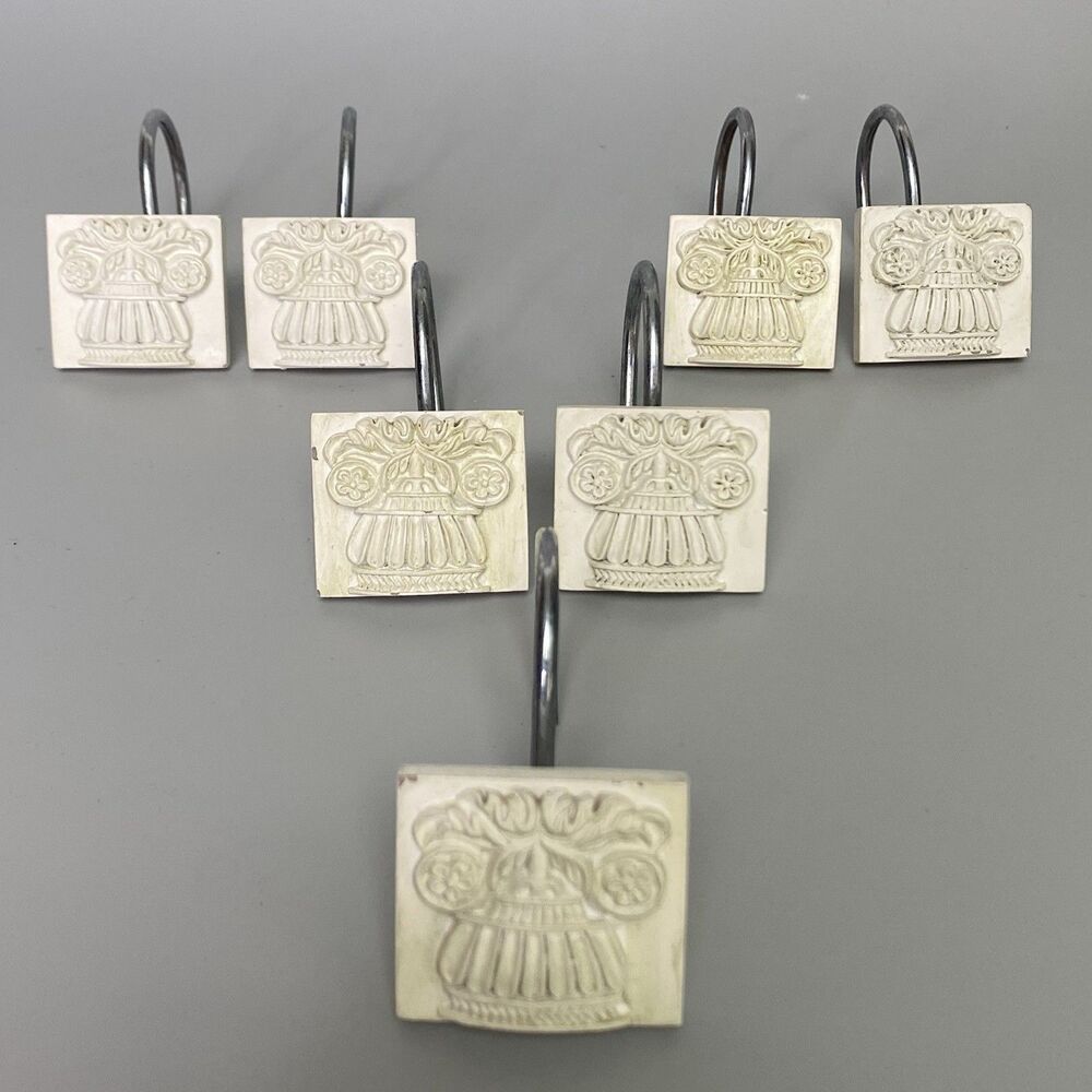 Vintage Shower Curtain Hooks Rings Floral Urn Resin Bathroom Decor lot of 7